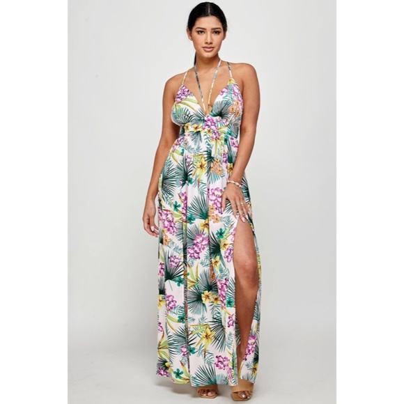 Purple Tropical Floral Palm Vacation Cruise Summer Sexy Slit Maxi Halter Dress - Picture 2 of 5